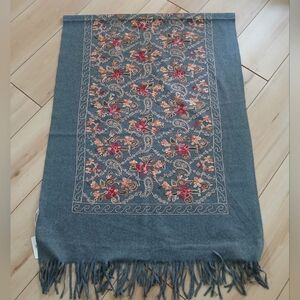 NWT Hand Embroidered Garden Rhinestone Scarf! 78x27 Charcoal Gray Color